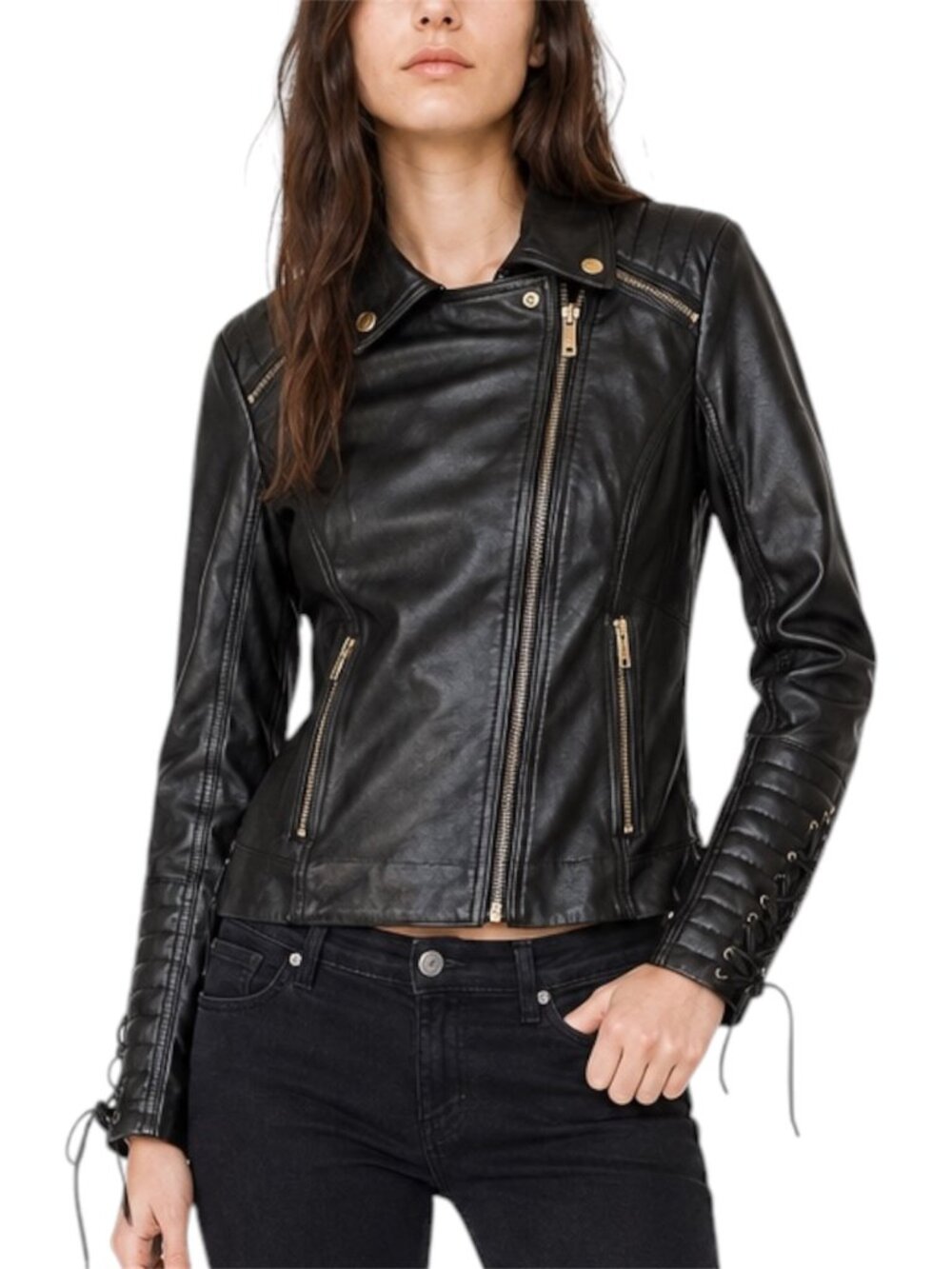 M NWOT Guess Black Faux Leather Gold Zip Moto Jacket